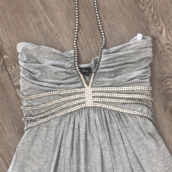 SKY Jeweled Halter Heather Gray Mini Dress, M - Picture 3 of 4